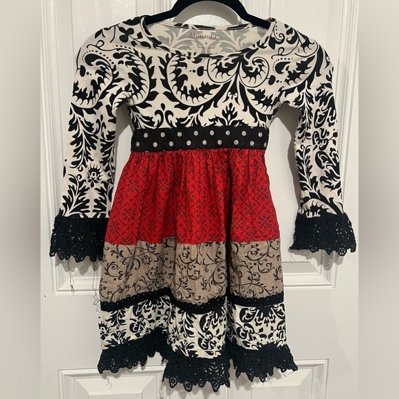 Mustard Pie Kids Red, Black, & White Damask Patchwork Dress with Lace Trim Sz 4 - Picture 1 of 13